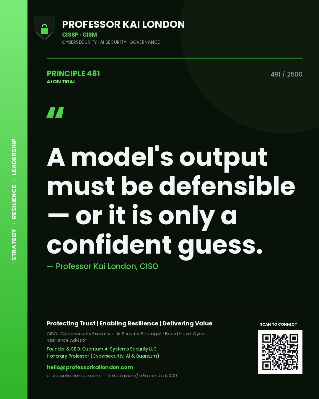 Professor Kai London principle 481: A model's output must be defensible — or it is only a confident guess.