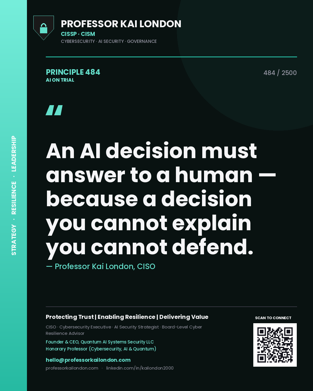 Professor Kai London principle 484: An AI decision must answer to a human — because a decision you cannot explain you cannot defend.