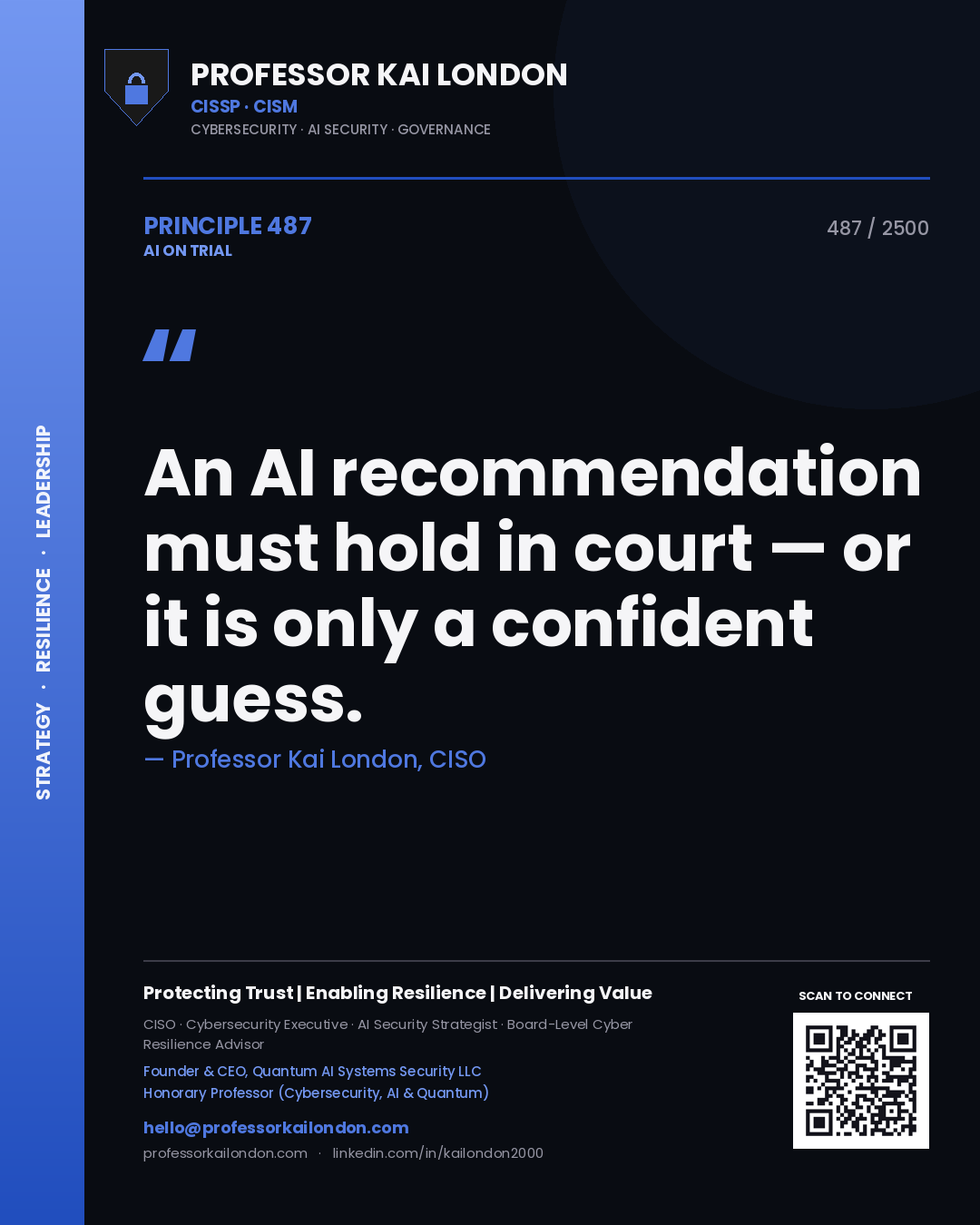 Professor Kai London principle 487: An AI recommendation must hold in court — or it is only a confident guess.