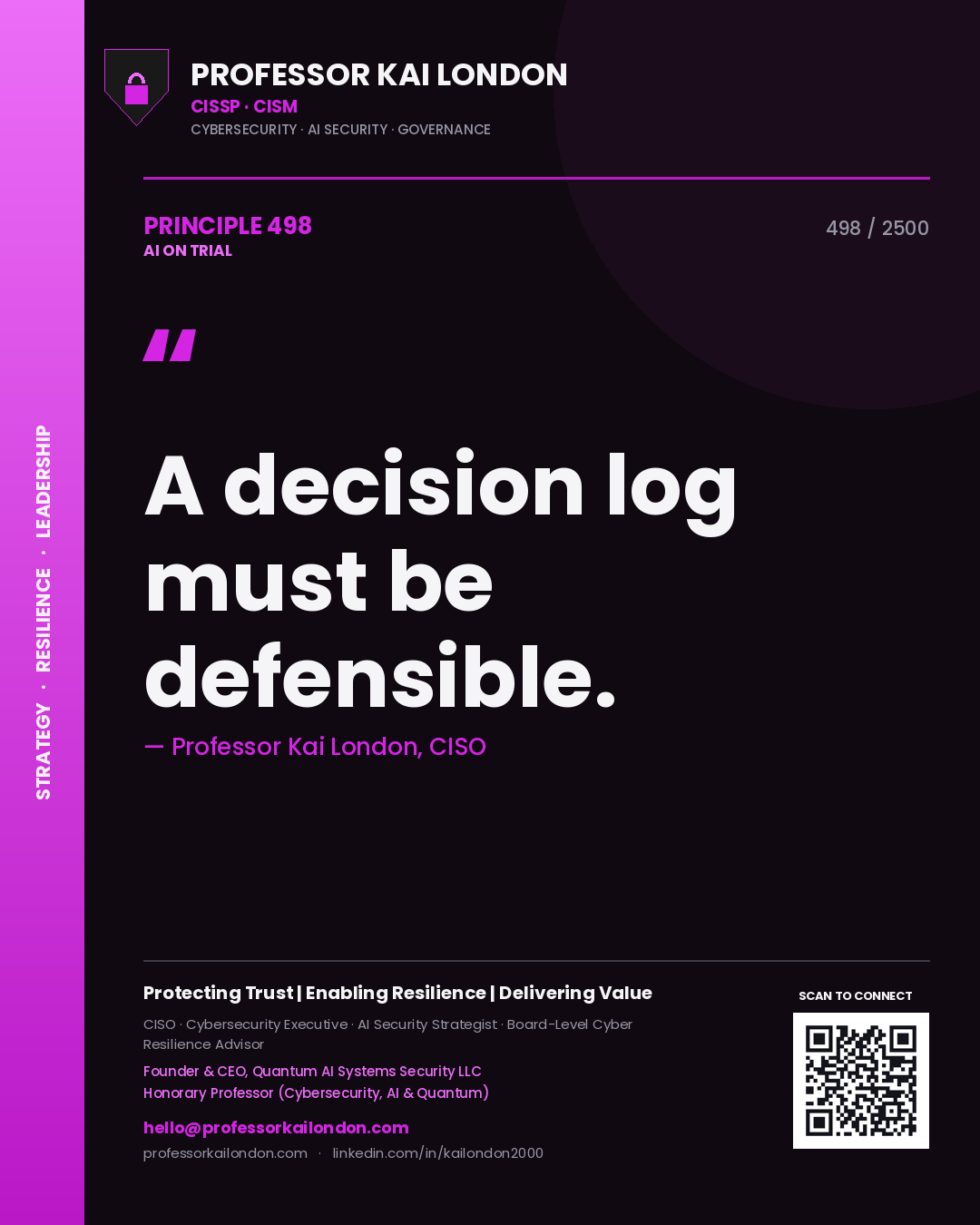 Professor Kai London principle 498: A decision log must be defensible.