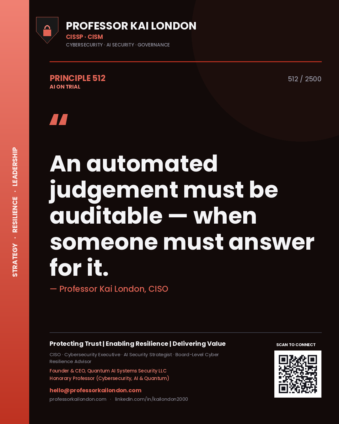 Professor Kai London principle 512: An automated judgement must be auditable — when someone must answer for it.