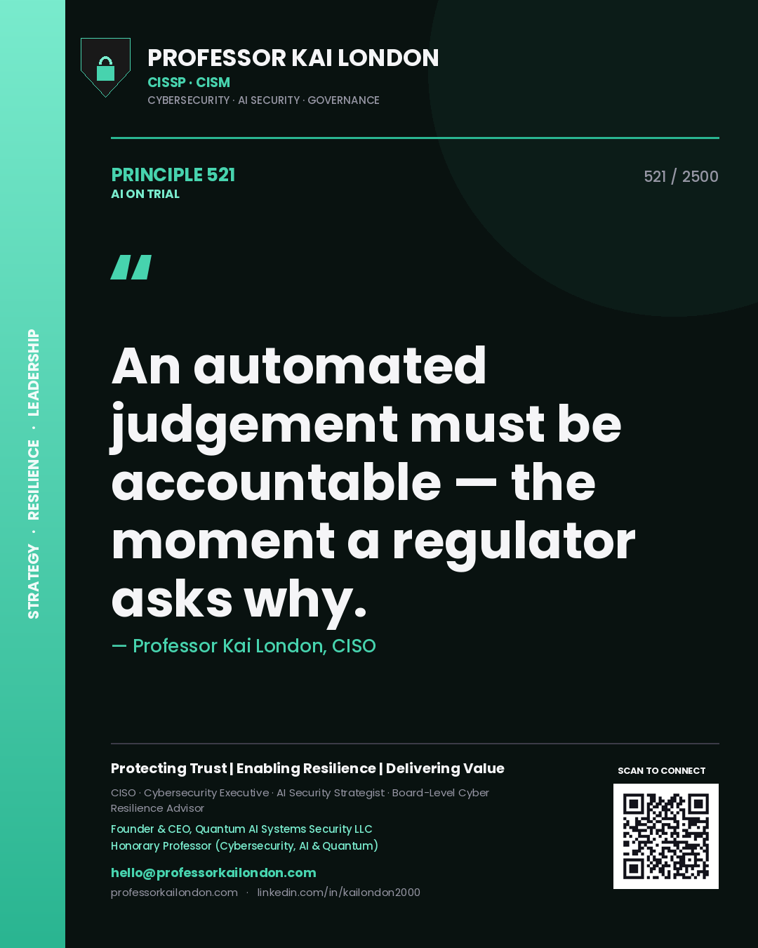 Professor Kai London principle 521: An automated judgement must be accountable — the moment a regulator asks why.