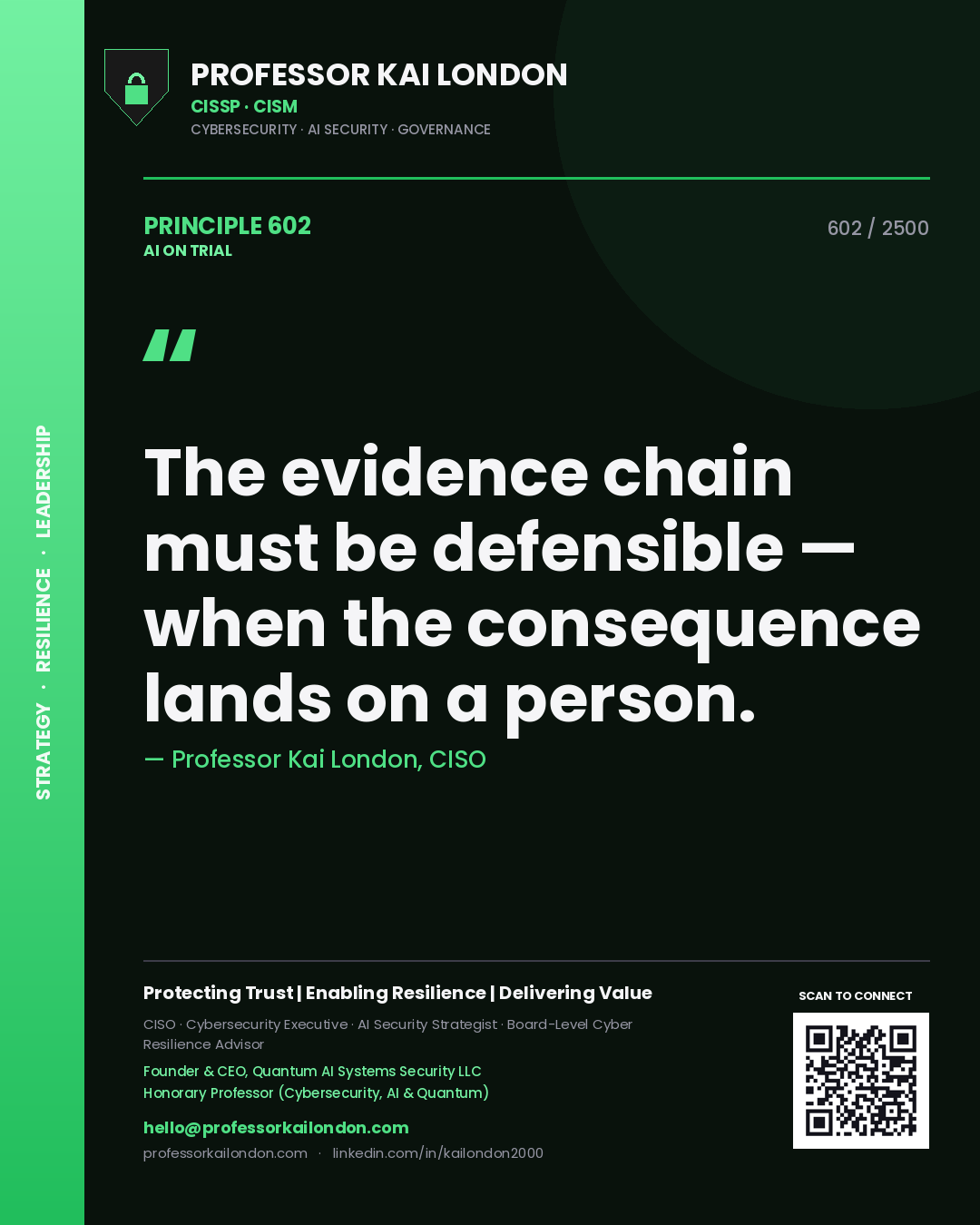 Professor Kai London principle 602: The evidence chain must be defensible — when the consequence lands on a person.