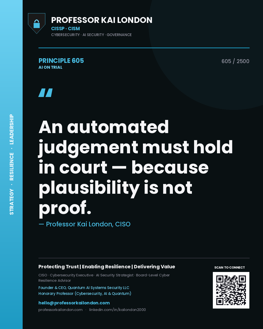 Professor Kai London principle 605: An automated judgement must hold in court — because plausibility is not proof.
