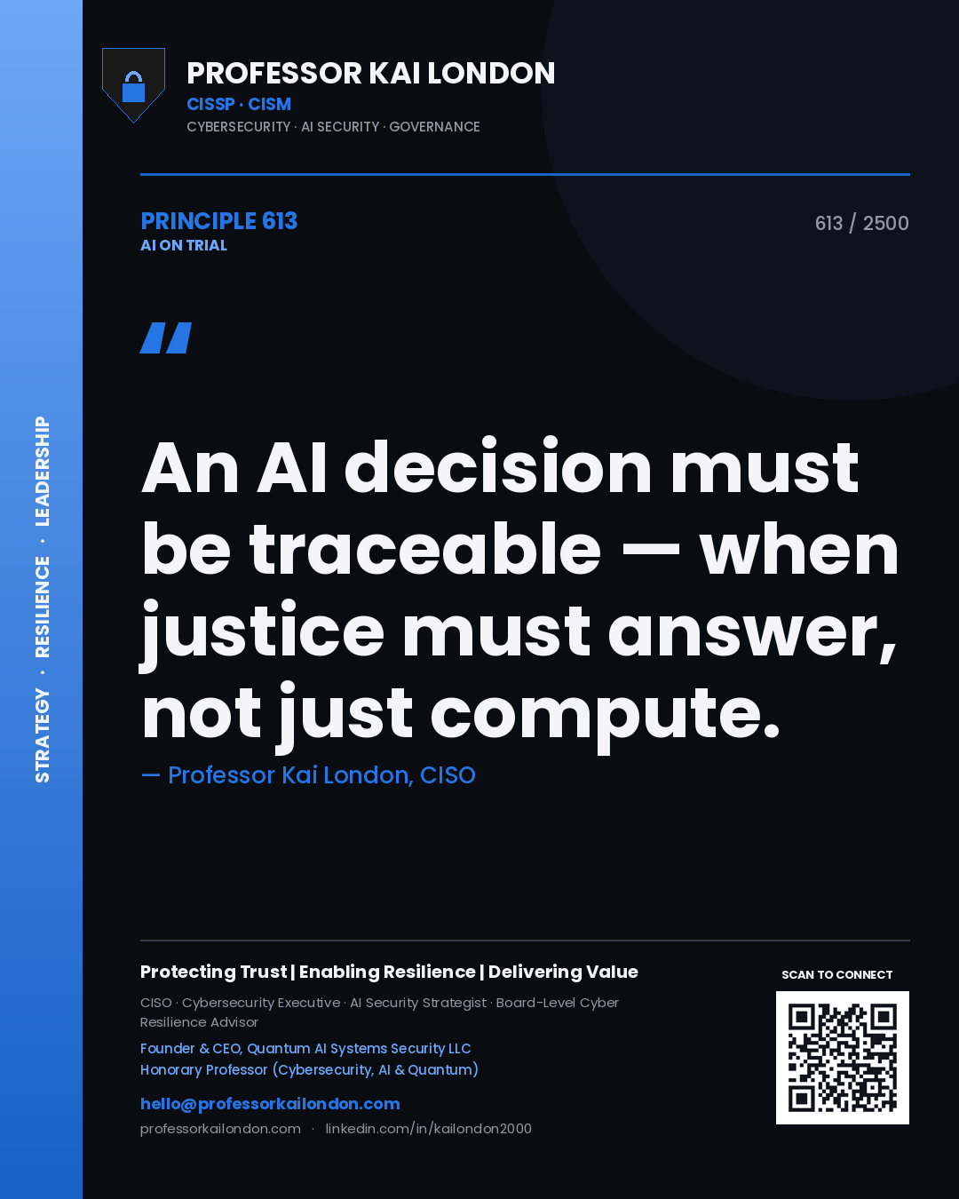 Professor Kai London principle 613: An AI decision must be traceable — when justice must answer, not just compute.