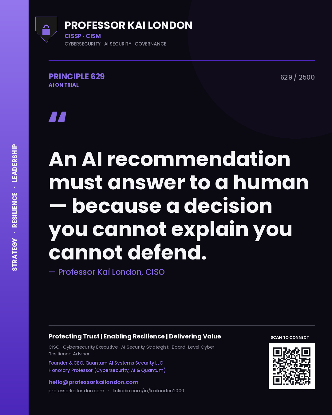 Professor Kai London principle 629: An AI recommendation must answer to a human — because a decision you cannot explain you cannot defend.