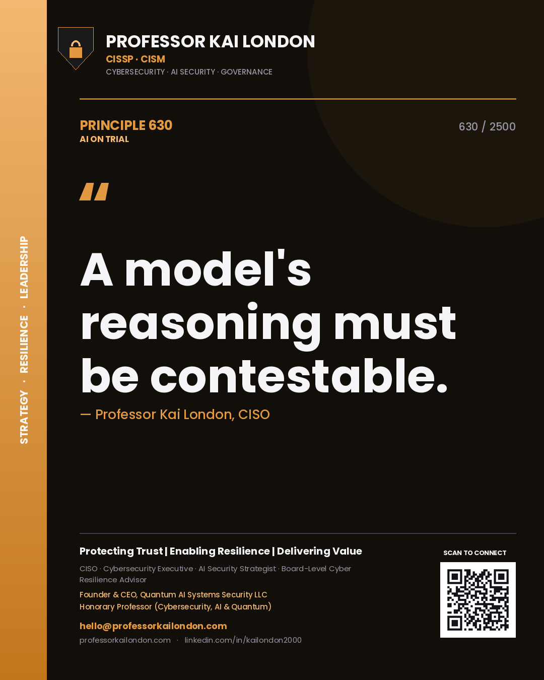 Professor Kai London principle 630: A model's reasoning must be contestable.