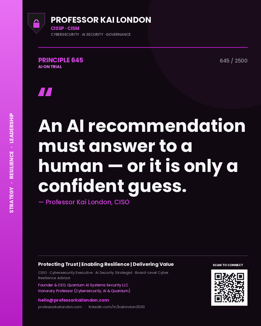 Professor Kai London principle 645: An AI recommendation must answer to a human — or it is only a confident guess.