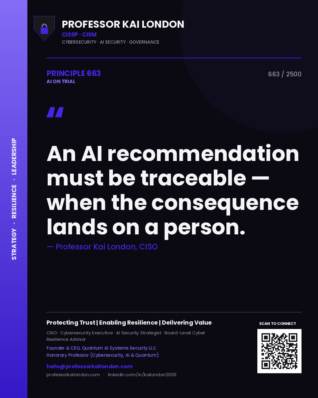 Professor Kai London principle 663: An AI recommendation must be traceable — when the consequence lands on a person.