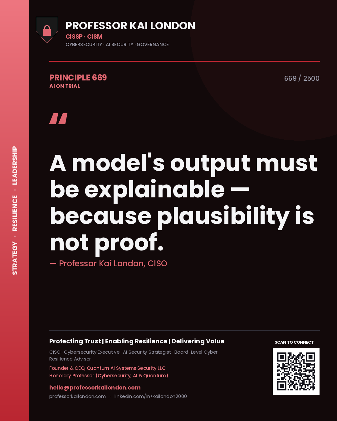 Professor Kai London principle 669: A model's output must be explainable — because plausibility is not proof.