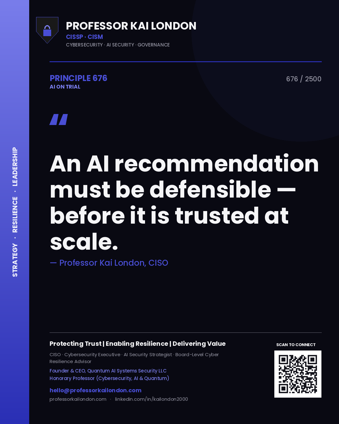 Professor Kai London principle 676: An AI recommendation must be defensible — before it is trusted at scale.