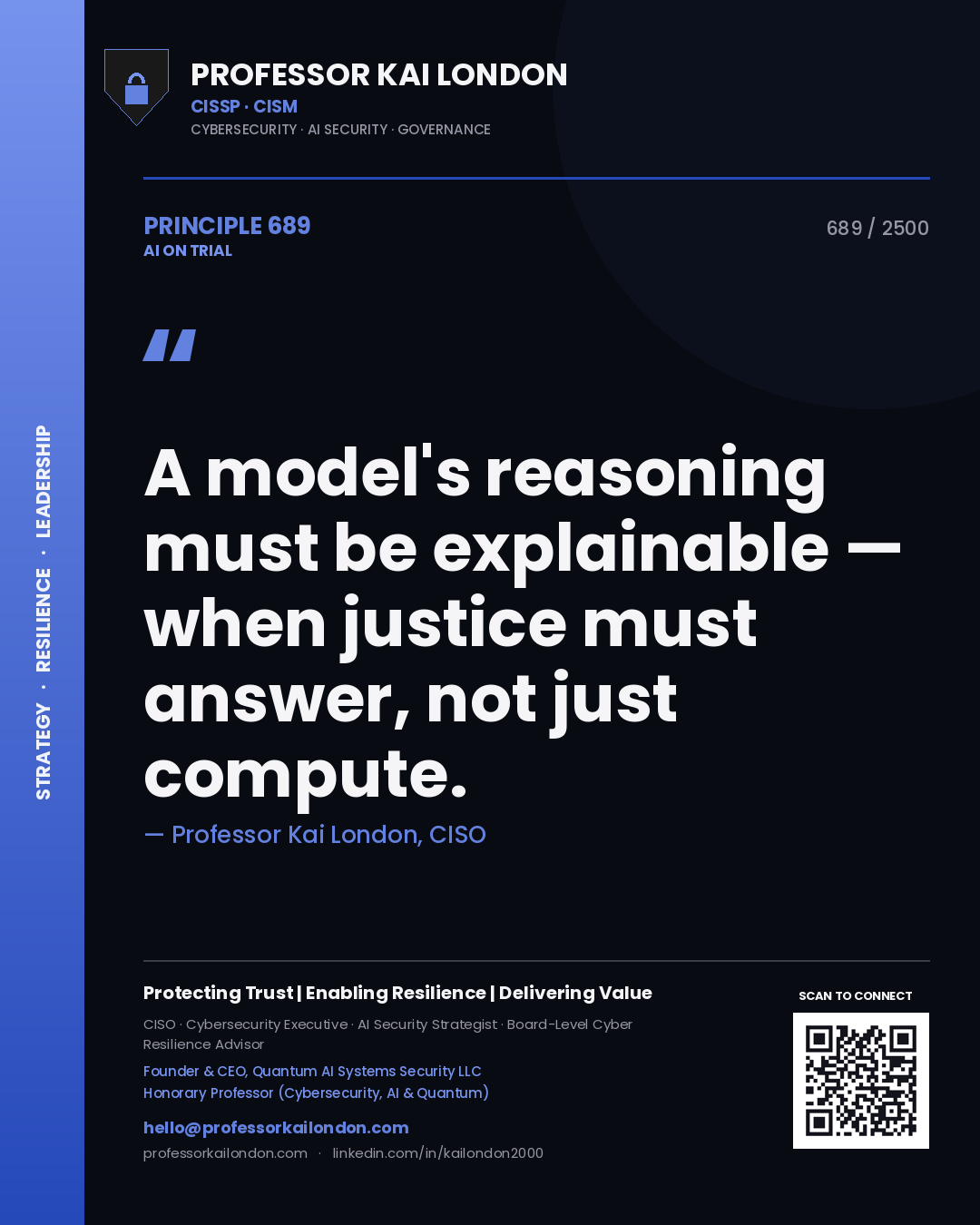 Professor Kai London principle 689: A model's reasoning must be explainable — when justice must answer, not just compute.