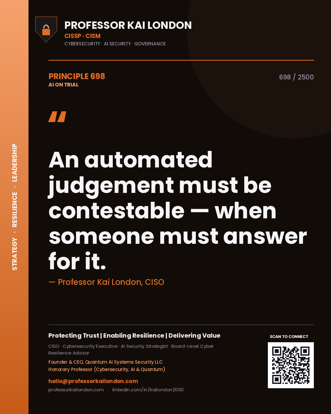 Professor Kai London principle 698: An automated judgement must be contestable — when someone must answer for it.