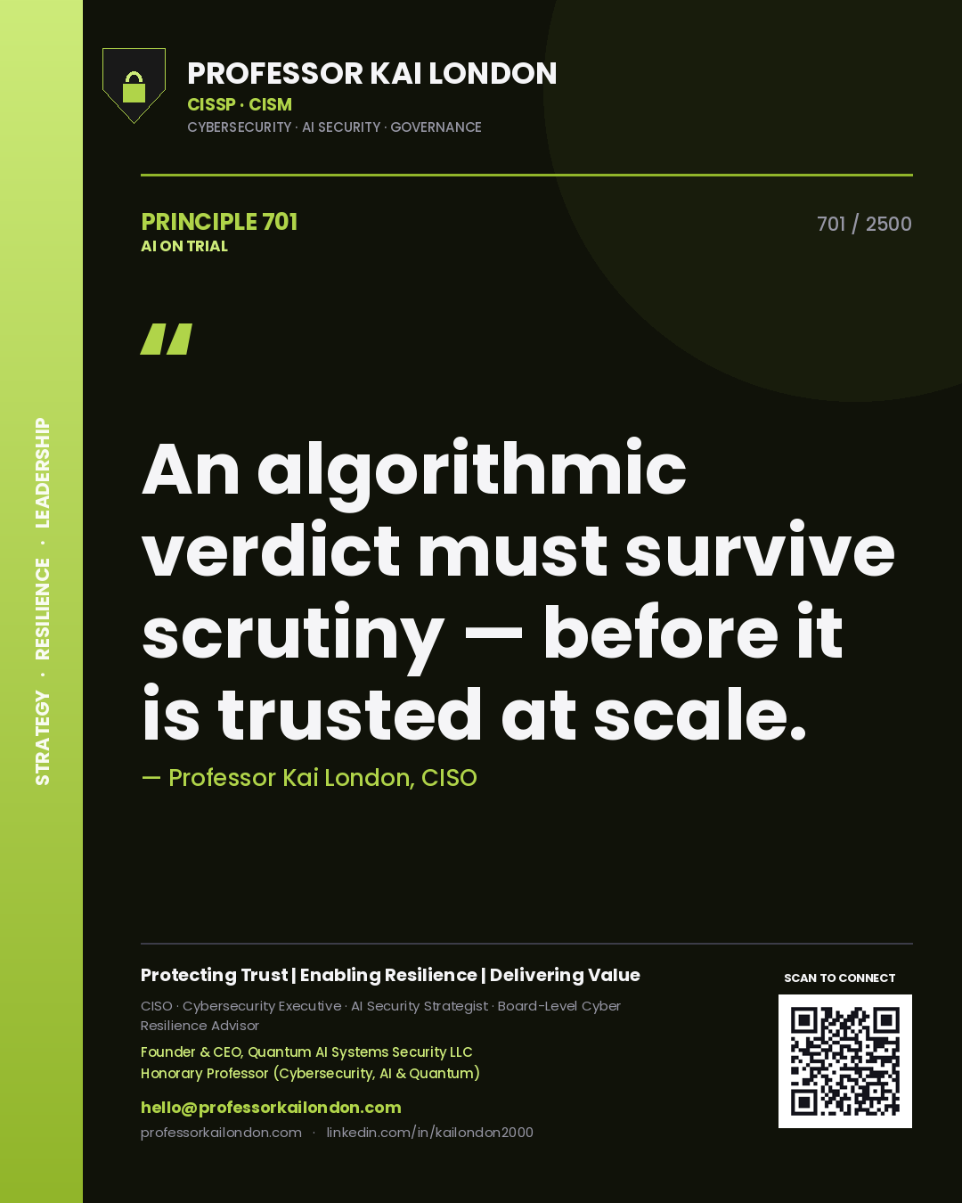 Professor Kai London principle 701: An algorithmic verdict must survive scrutiny — before it is trusted at scale.