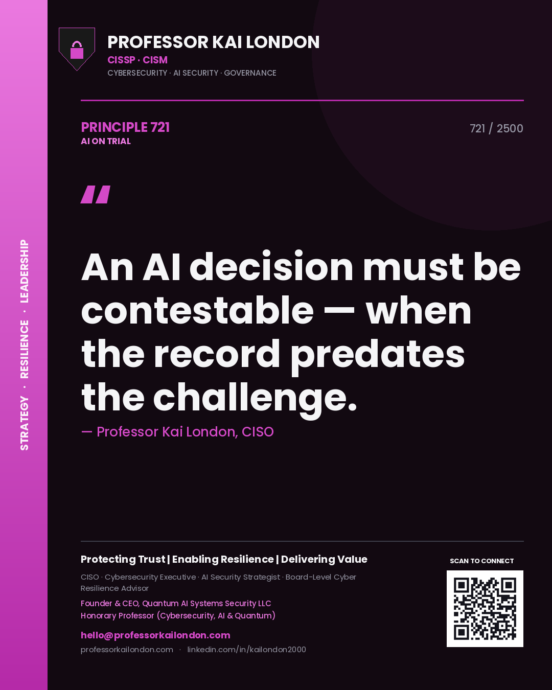 Professor Kai London principle 721: An AI decision must be contestable — when the record predates the challenge.