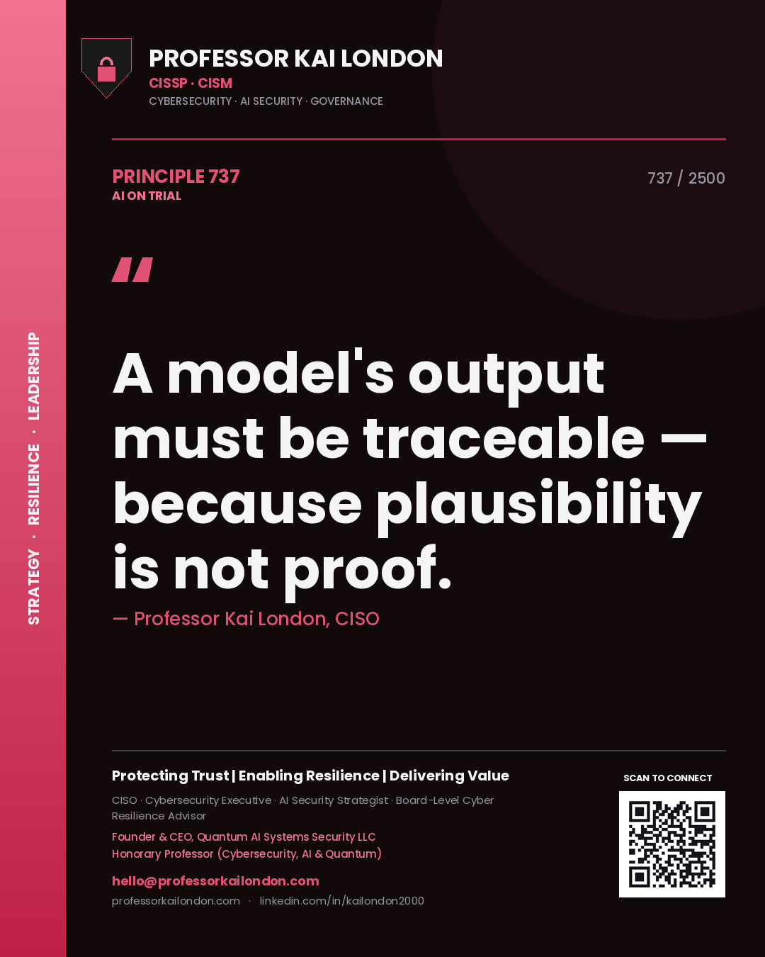 Professor Kai London principle 737: A model's output must be traceable — because plausibility is not proof.