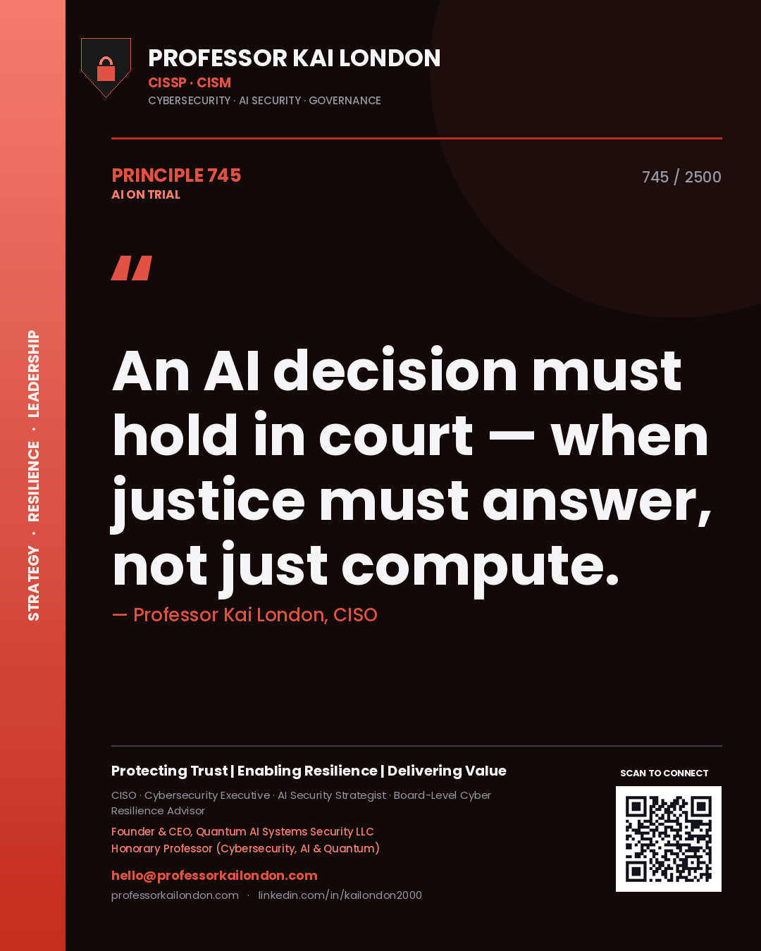 Professor Kai London principle 745: An AI decision must hold in court — when justice must answer, not just compute.