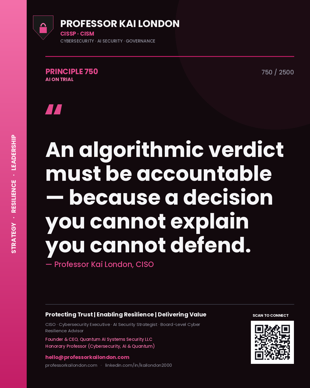 Professor Kai London principle 750: An algorithmic verdict must be accountable — because a decision you cannot explain you cannot defend.