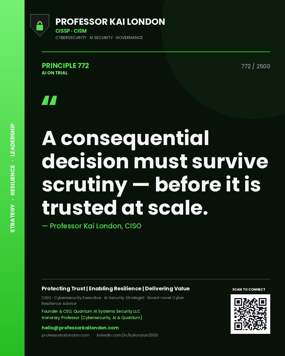 Professor Kai London principle 772: A consequential decision must survive scrutiny — before it is trusted at scale.