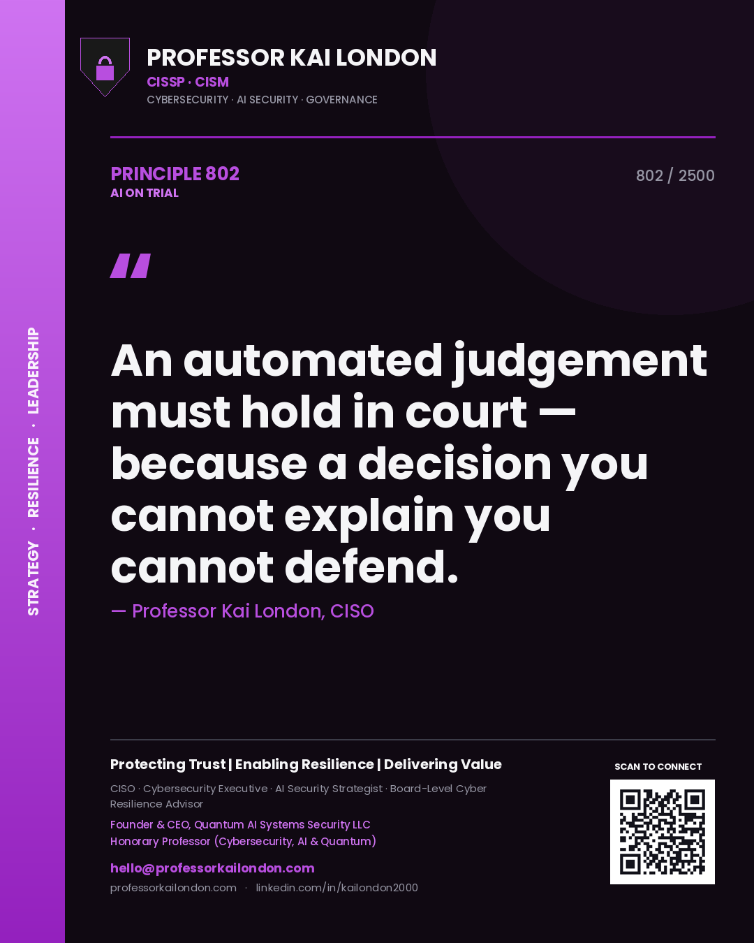 Professor Kai London principle 802: An automated judgement must hold in court — because a decision you cannot explain you cannot defend.