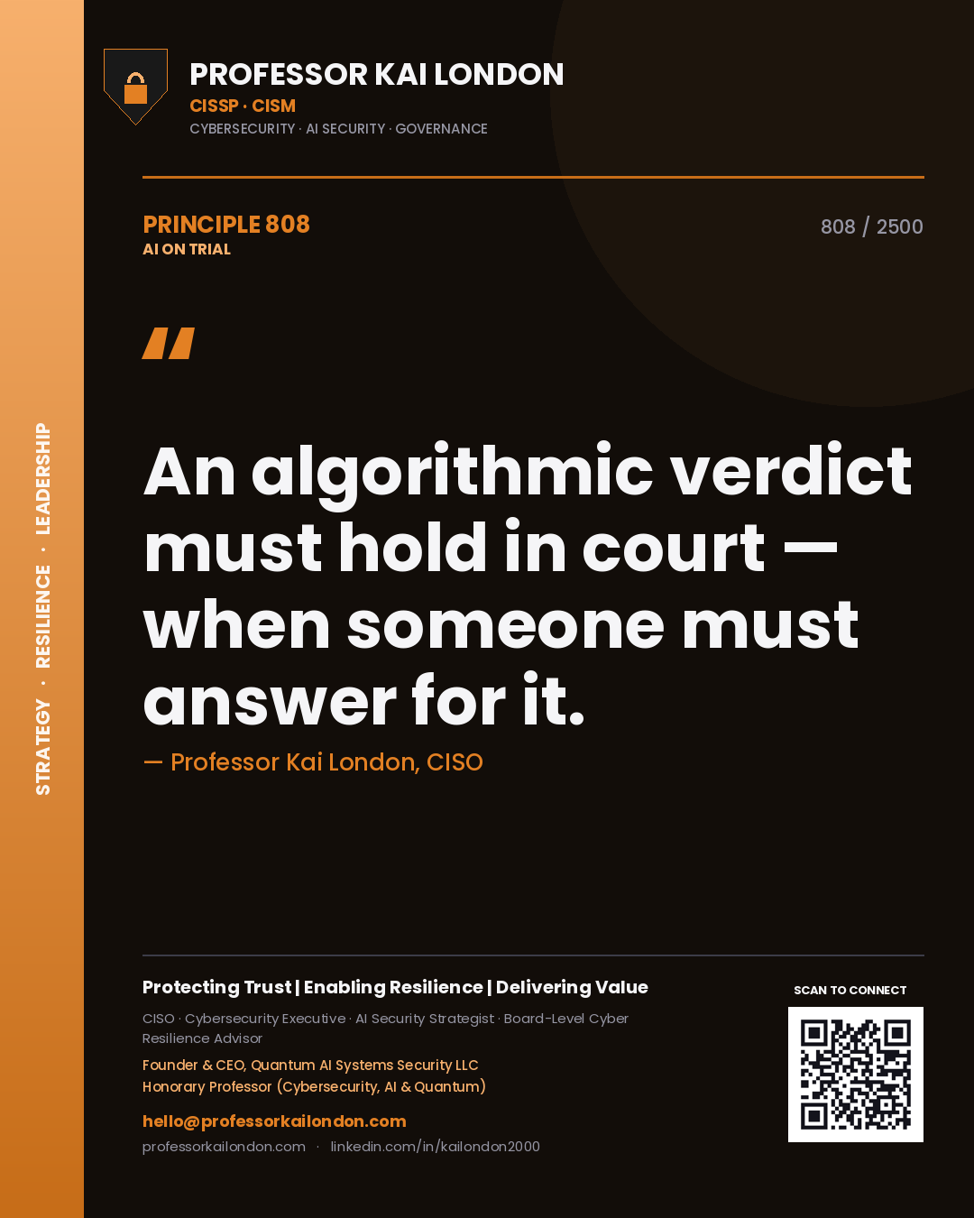 Professor Kai London principle 808: An algorithmic verdict must hold in court — when someone must answer for it.