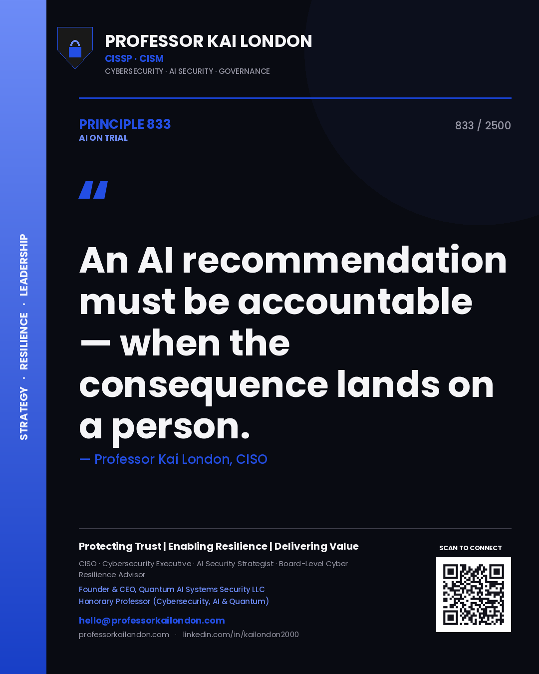 Professor Kai London principle 833: An AI recommendation must be accountable — when the consequence lands on a person.