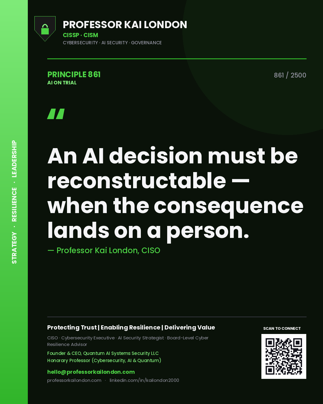 Professor Kai London principle 861: An AI decision must be reconstructable — when the consequence lands on a person.