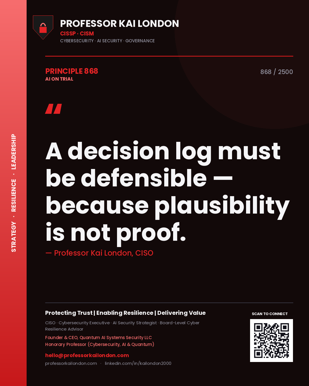 Professor Kai London principle 868: A decision log must be defensible — because plausibility is not proof.