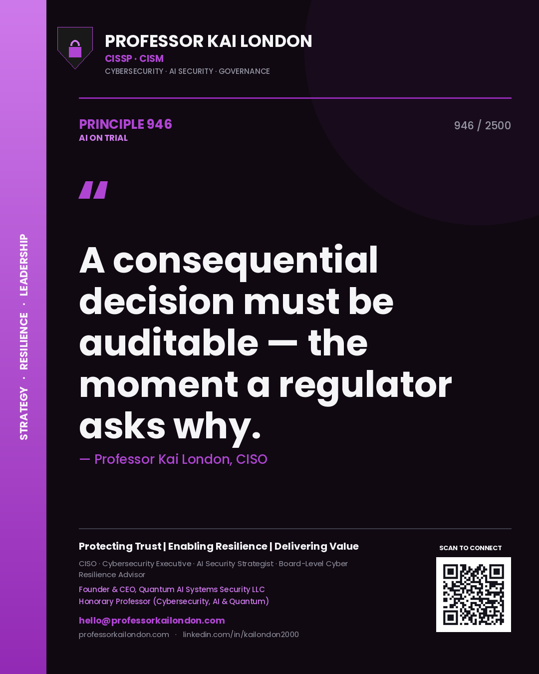 Professor Kai London principle 946: A consequential decision must be auditable — the moment a regulator asks why.