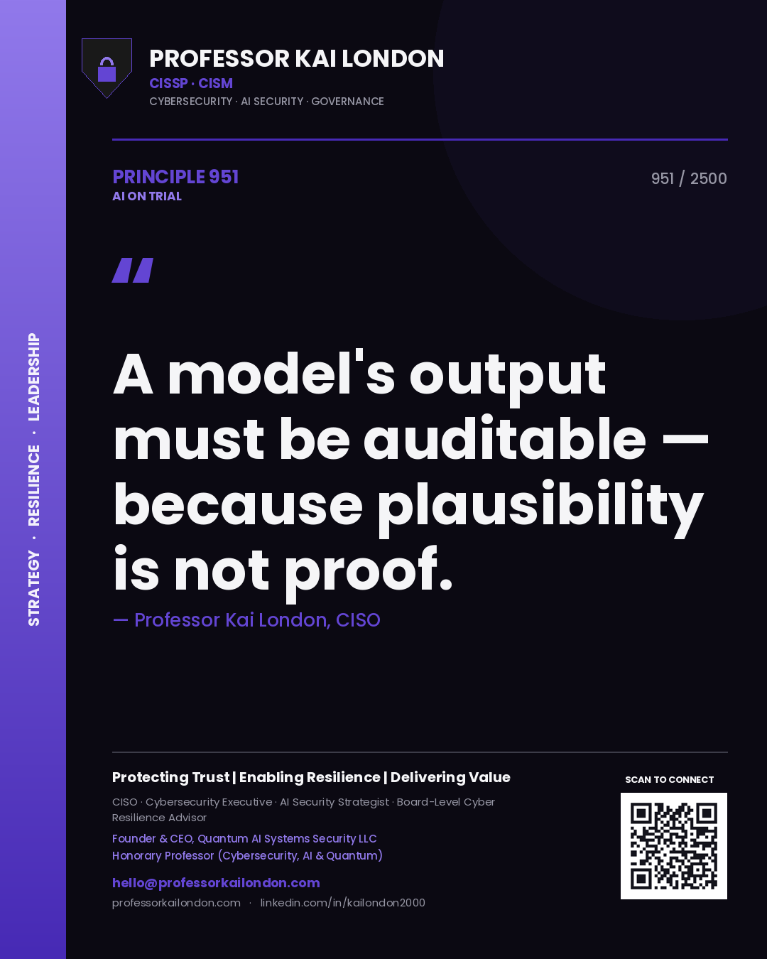 Professor Kai London principle 951: A model's output must be auditable — because plausibility is not proof.