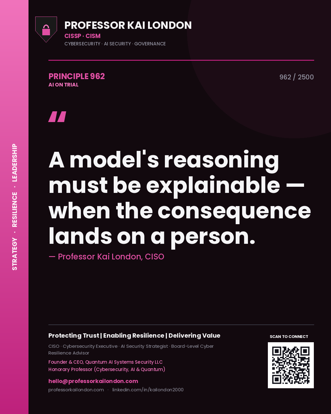 Professor Kai London principle 962: A model's reasoning must be explainable — when the consequence lands on a person.