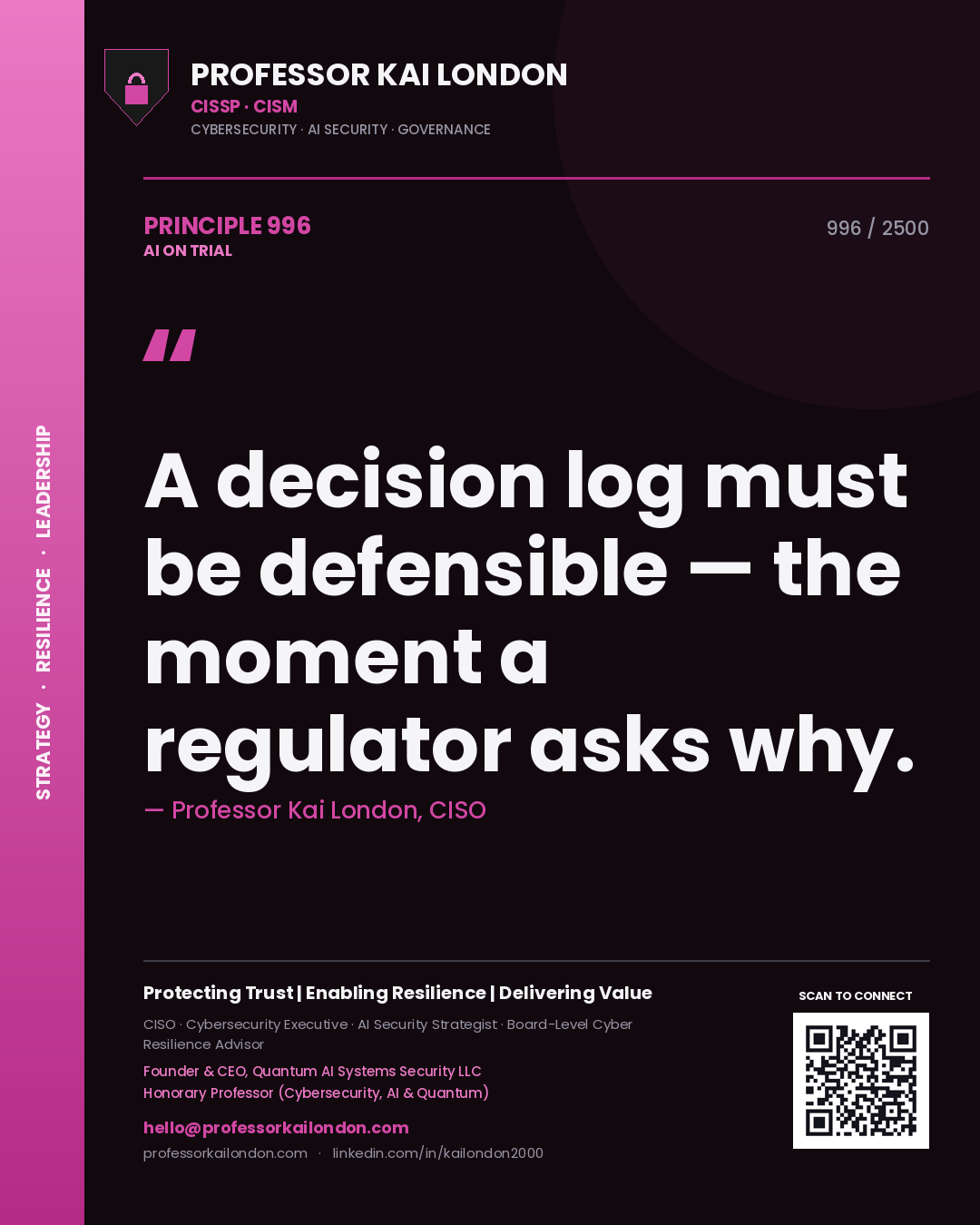 Professor Kai London principle 996: A decision log must be defensible — the moment a regulator asks why.