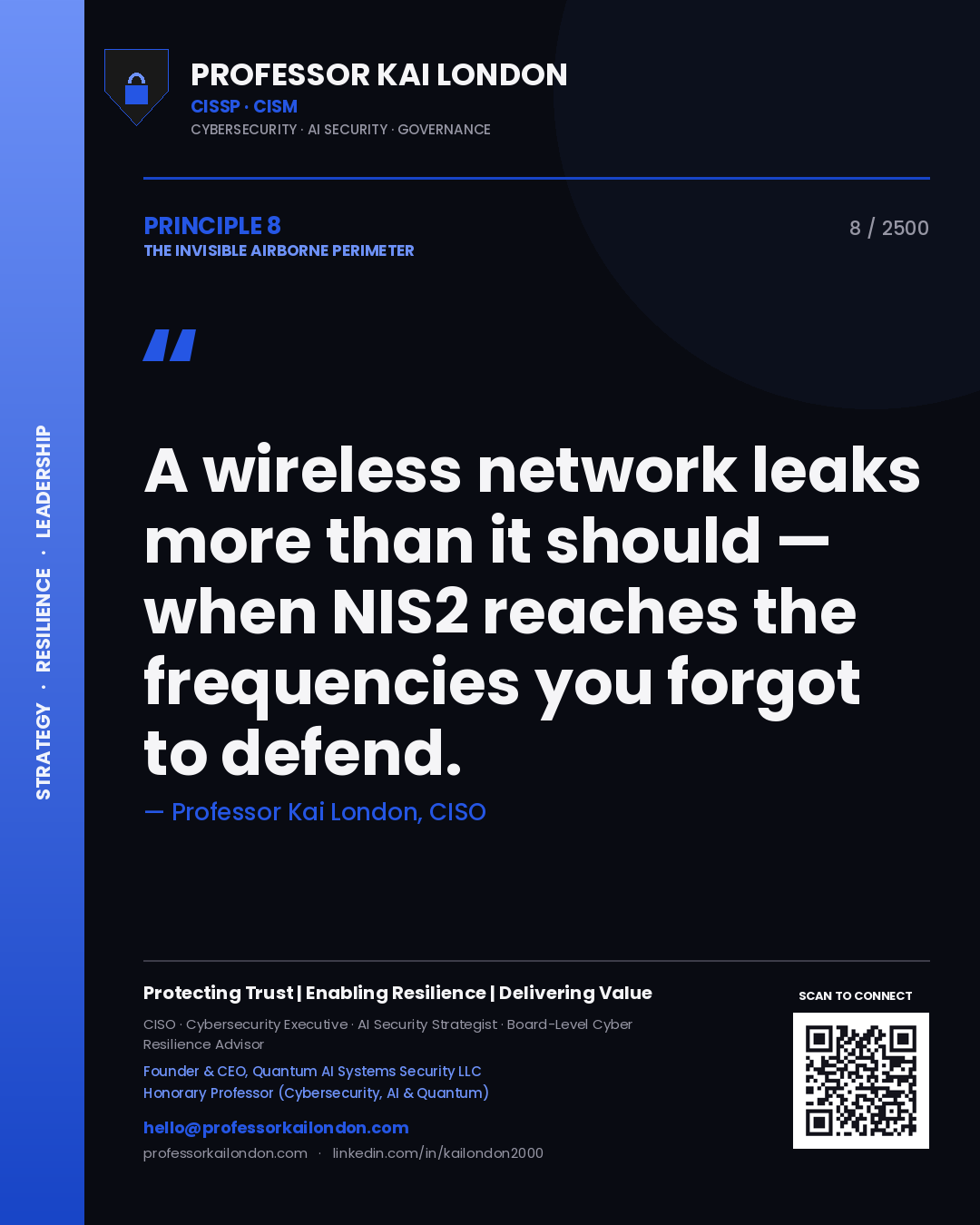 Professor Kai London principle 8: A wireless network leaks more than it should — when NIS2 reaches the frequencies you forgot to defend.