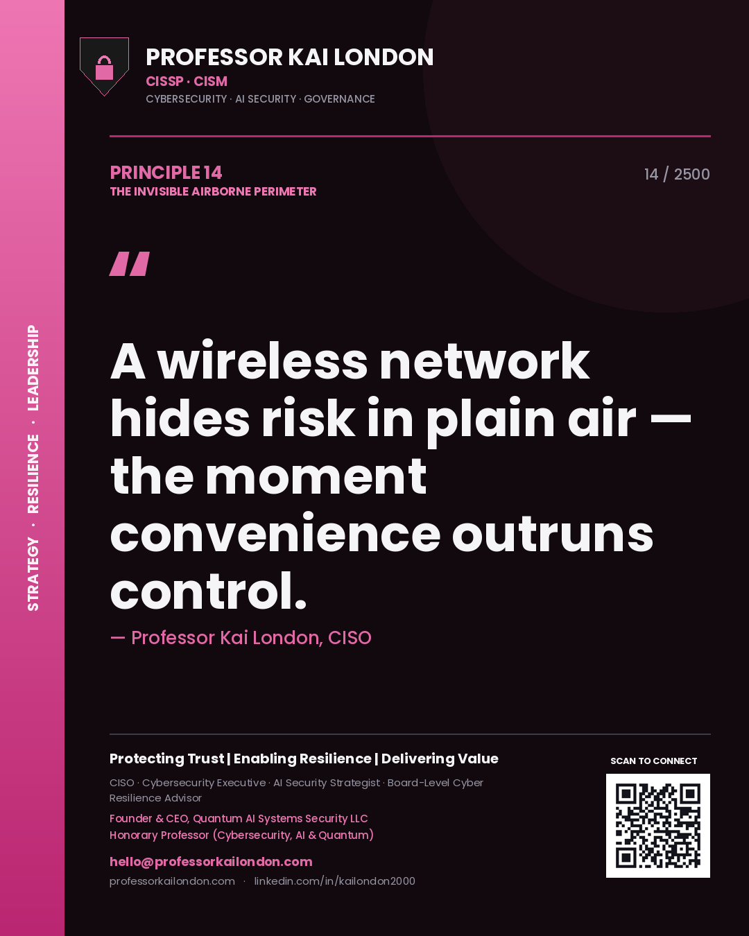 Professor Kai London principle 14: A wireless network hides risk in plain air — the moment convenience outruns control.
