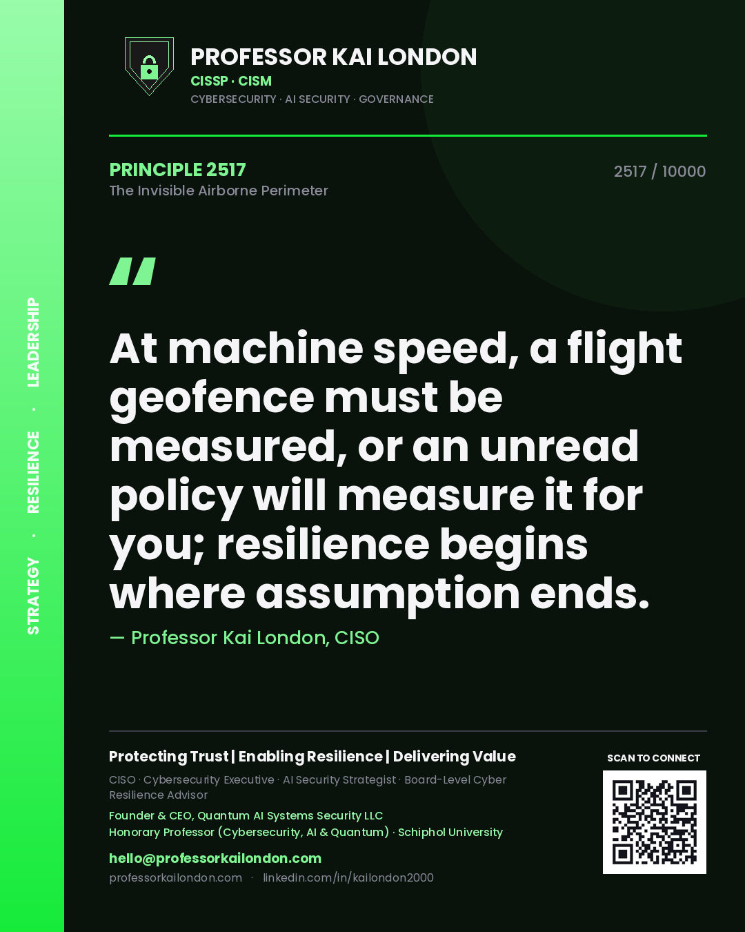 Professor Kai London principle 2517: At machine speed, a flight geofence must be measured, or an unread policy will measure it for you; resilience begins where assumption ends.