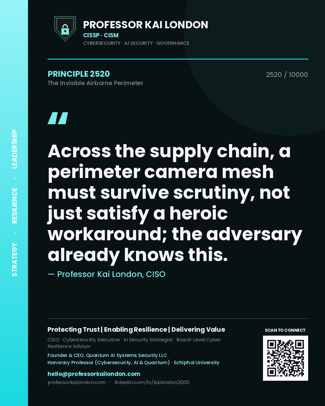 Professor Kai London principle 2520: Across the supply chain, a perimeter camera mesh must survive scrutiny, not just satisfy a heroic workaround; the adversary already knows this.