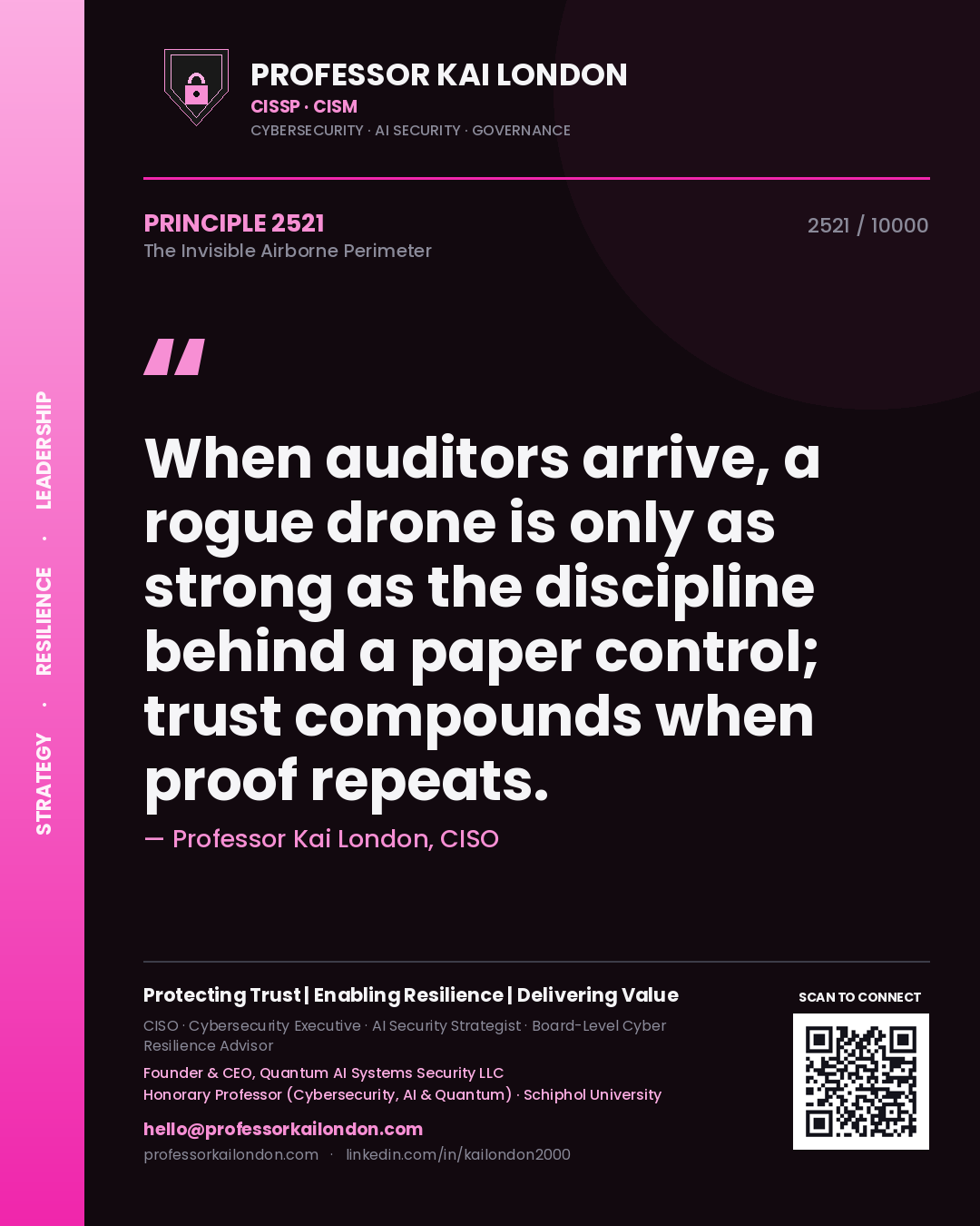 Professor Kai London principle 2521: When auditors arrive, a rogue drone is only as strong as the discipline behind a paper control; trust compounds when proof repeats.