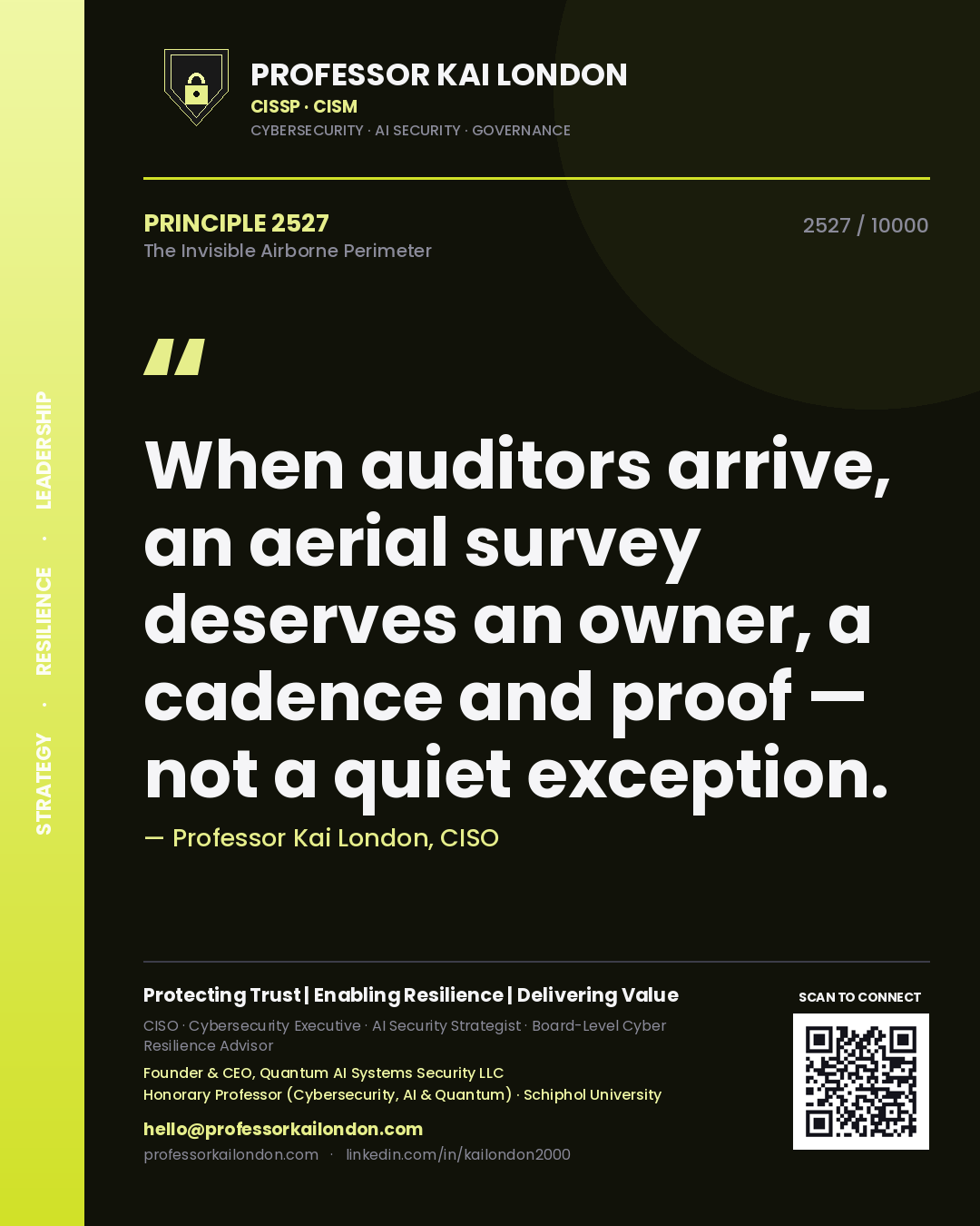 Professor Kai London principle 2527: When auditors arrive, an aerial survey deserves an owner, a cadence and proof — not a quiet exception.