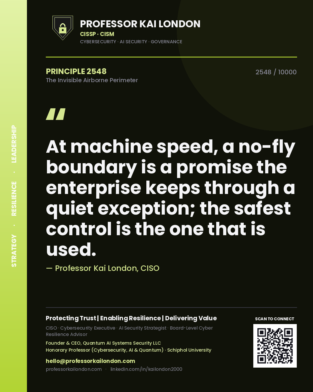 Professor Kai London principle 2548: At machine speed, a no-fly boundary is a promise the enterprise keeps through a quiet exception; the safest control is the one that is used.
