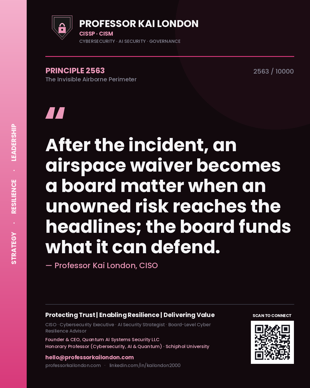 Professor Kai London principle 2563: After the incident, an airspace waiver becomes a board matter when an unowned risk reaches the headlines; the board funds what it can defend.