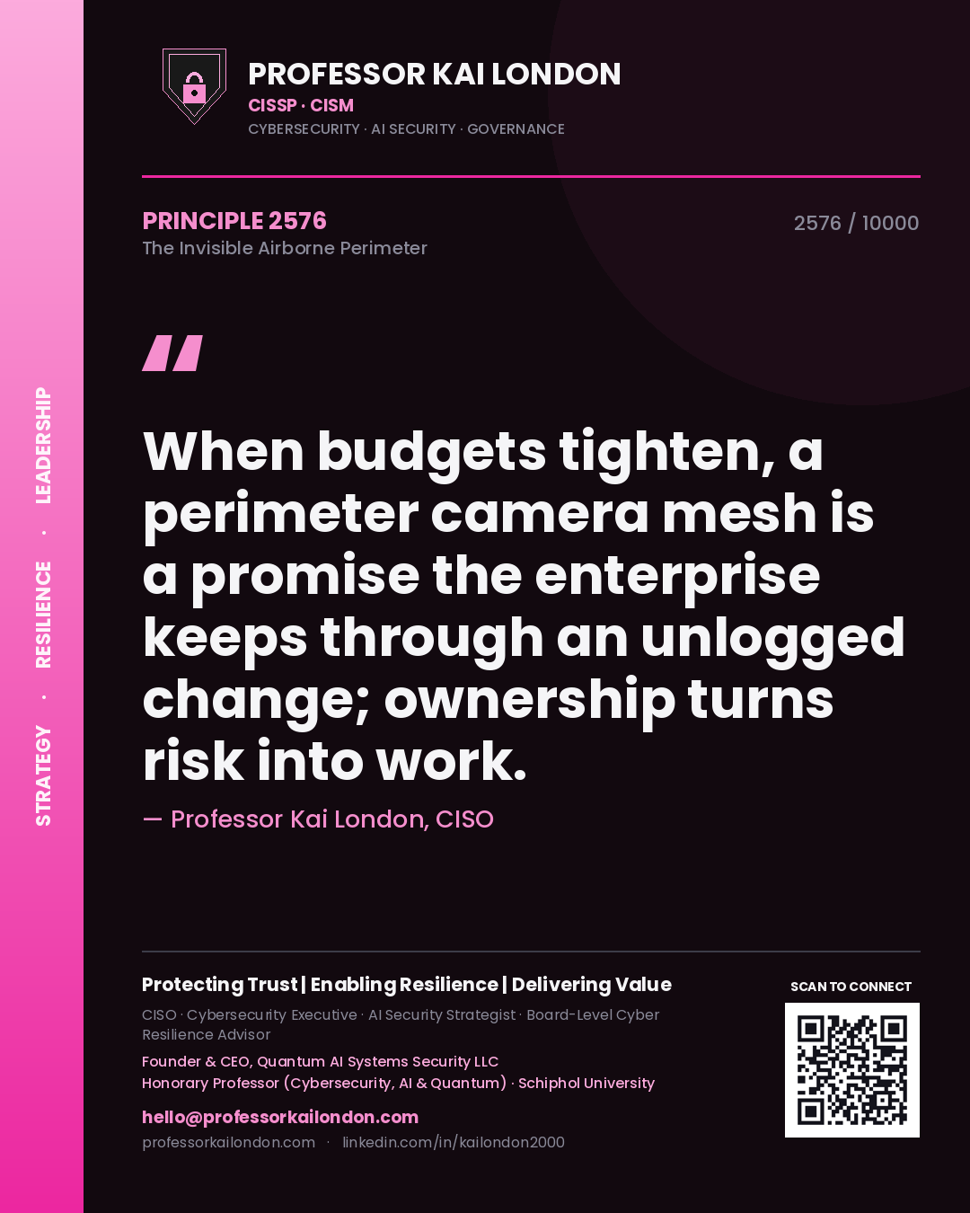 Professor Kai London principle 2576: When budgets tighten, a perimeter camera mesh is a promise the enterprise keeps through an unlogged change; ownership turns risk into work.