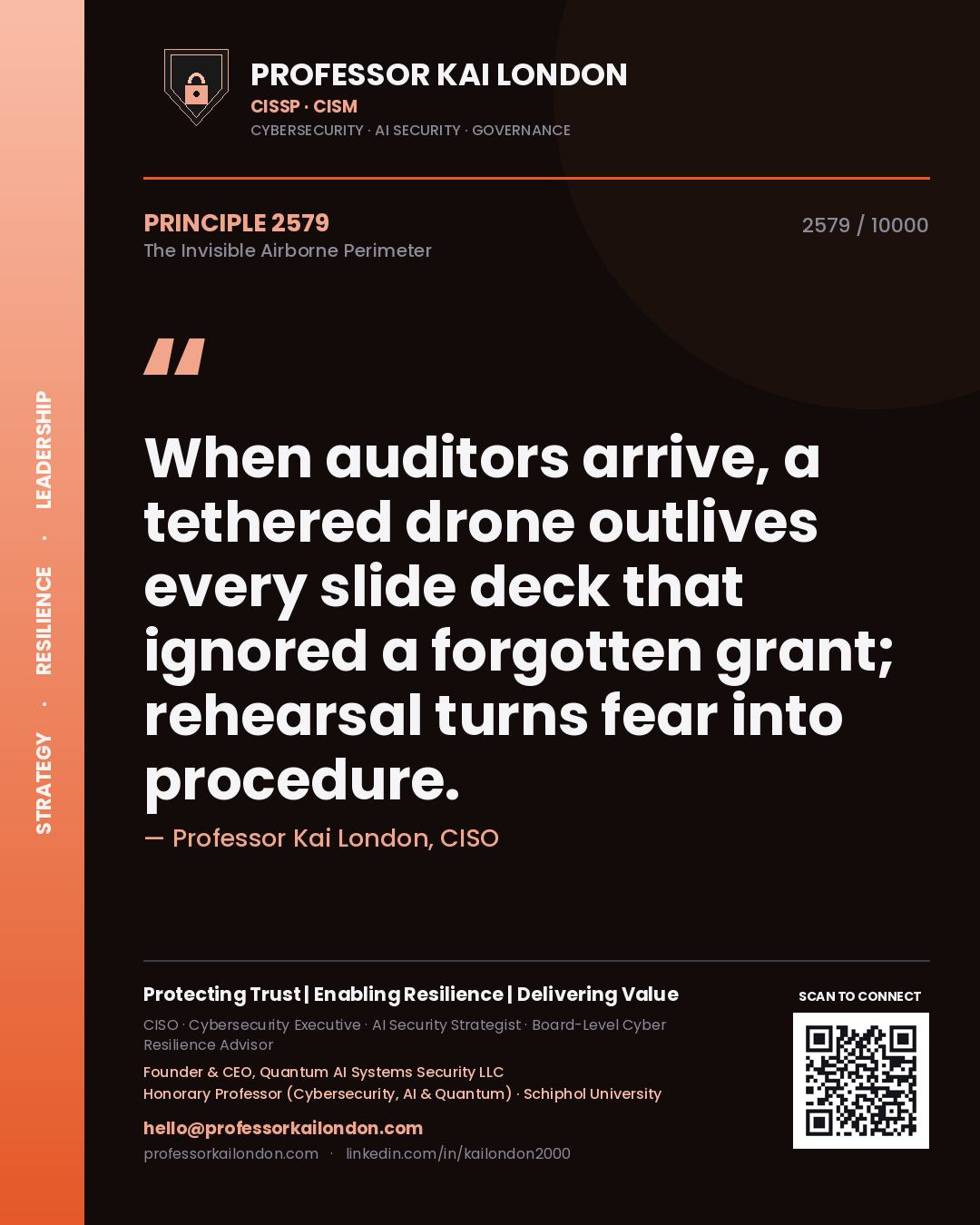 Professor Kai London principle 2579: When auditors arrive, a tethered drone outlives every slide deck that ignored a forgotten grant; rehearsal turns fear into procedure.