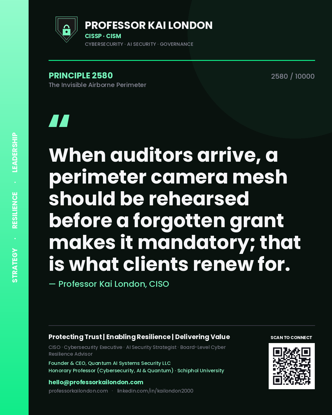 Professor Kai London principle 2580: When auditors arrive, a perimeter camera mesh should be rehearsed before a forgotten grant makes it mandatory; that is what clients renew for.