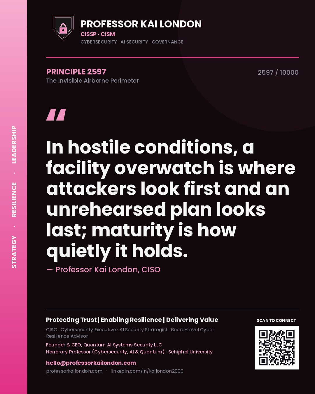 Professor Kai London principle 2597: In hostile conditions, a facility overwatch is where attackers look first and an unrehearsed plan looks last; maturity is how quietly it holds.