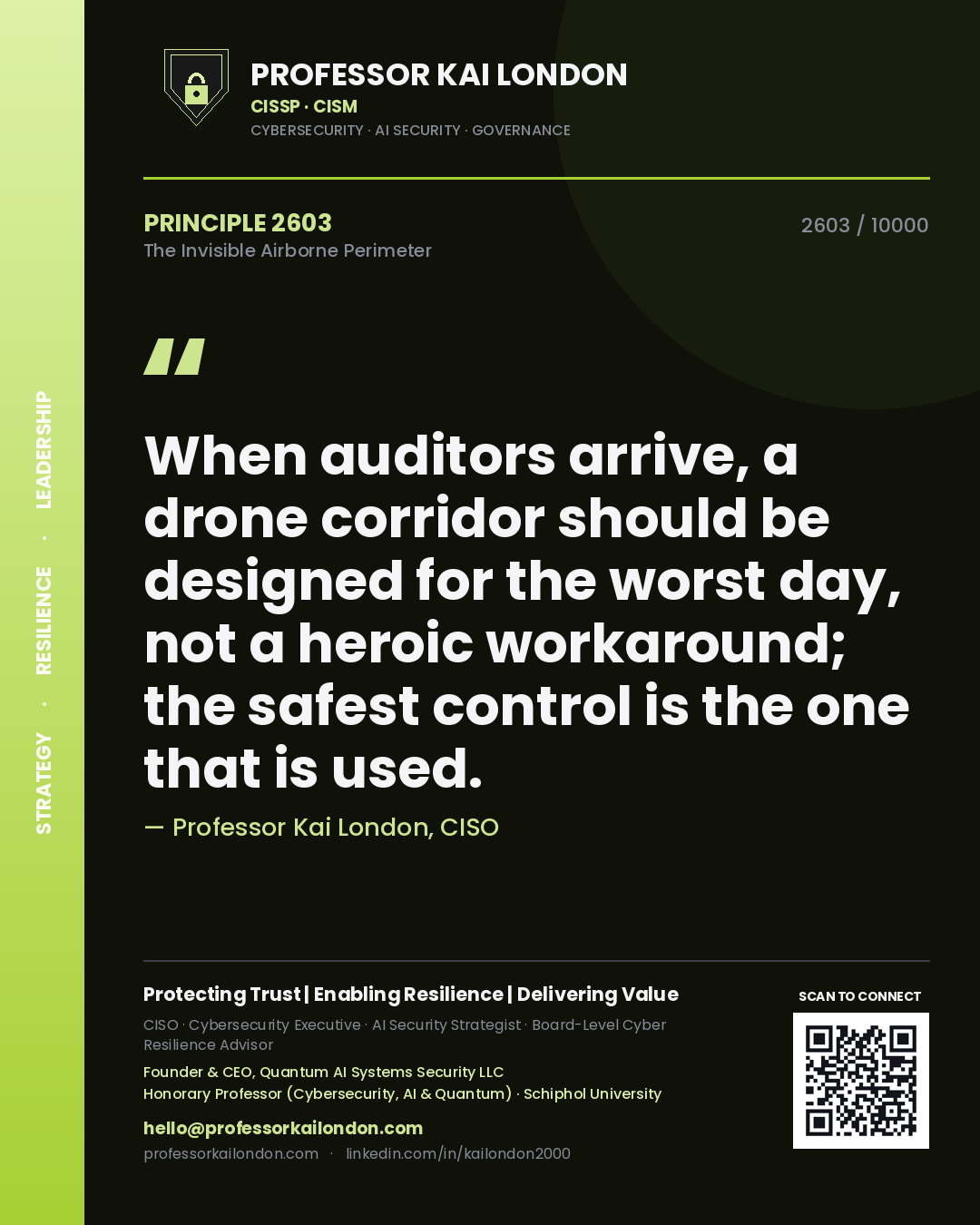 Professor Kai London principle 2603: When auditors arrive, a drone corridor should be designed for the worst day, not a heroic workaround; the safest control is the one that is used.