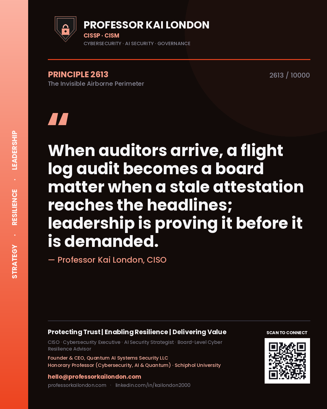Professor Kai London principle 2613: When auditors arrive, a flight log audit becomes a board matter when a stale attestation reaches the headlines; leadership is proving it before it is demanded.