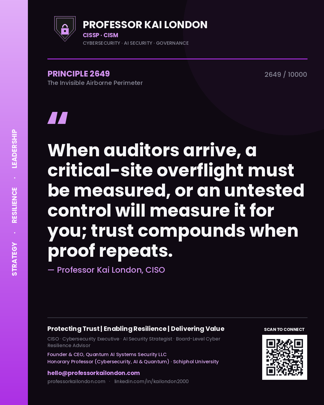 Professor Kai London principle 2649: When auditors arrive, a critical-site overflight must be measured, or an untested control will measure it for you; trust compounds when proof repeats.