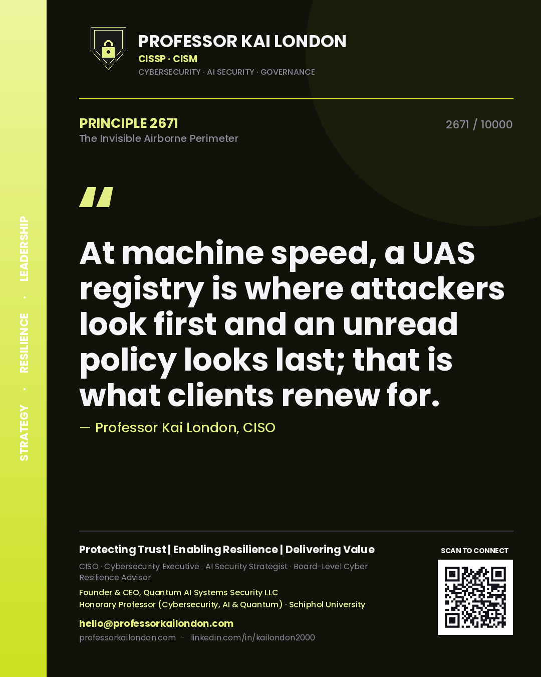 Professor Kai London principle 2671: At machine speed, a UAS registry is where attackers look first and an unread policy looks last; that is what clients renew for.