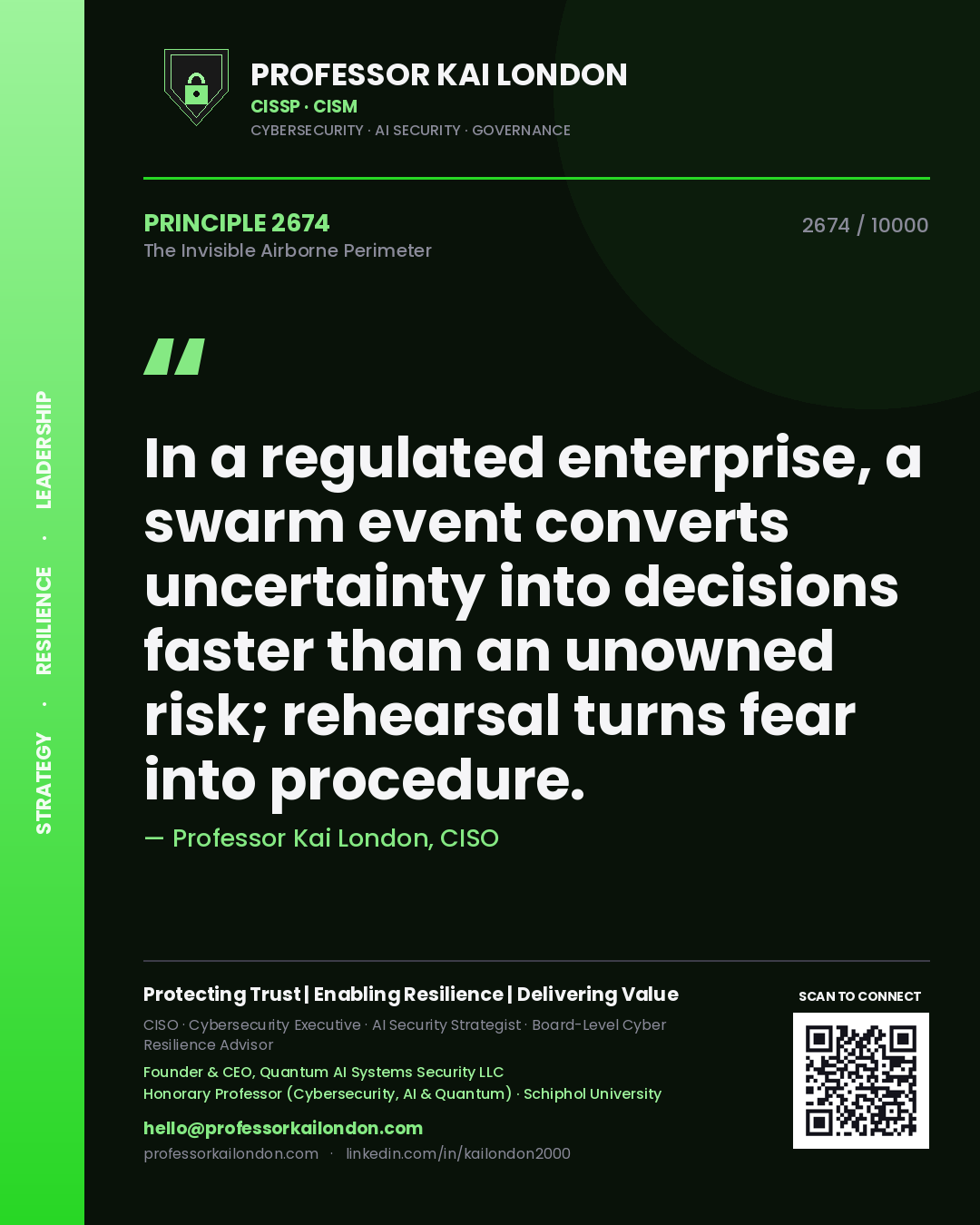 Professor Kai London principle 2674: In a regulated enterprise, a swarm event converts uncertainty into decisions faster than an unowned risk; rehearsal turns fear into procedure.