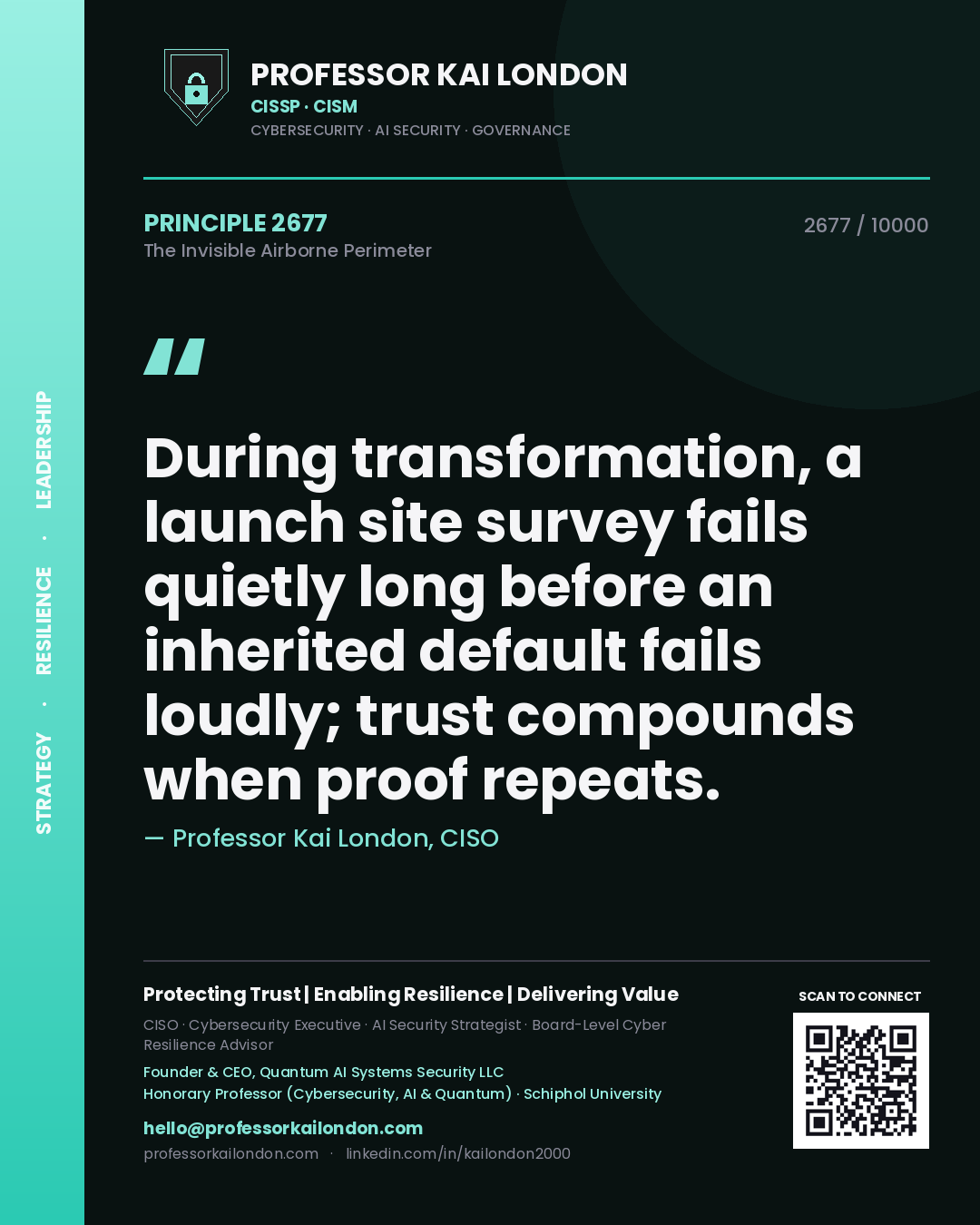 Professor Kai London principle 2677: During transformation, a launch site survey fails quietly long before an inherited default fails loudly; trust compounds when proof repeats.